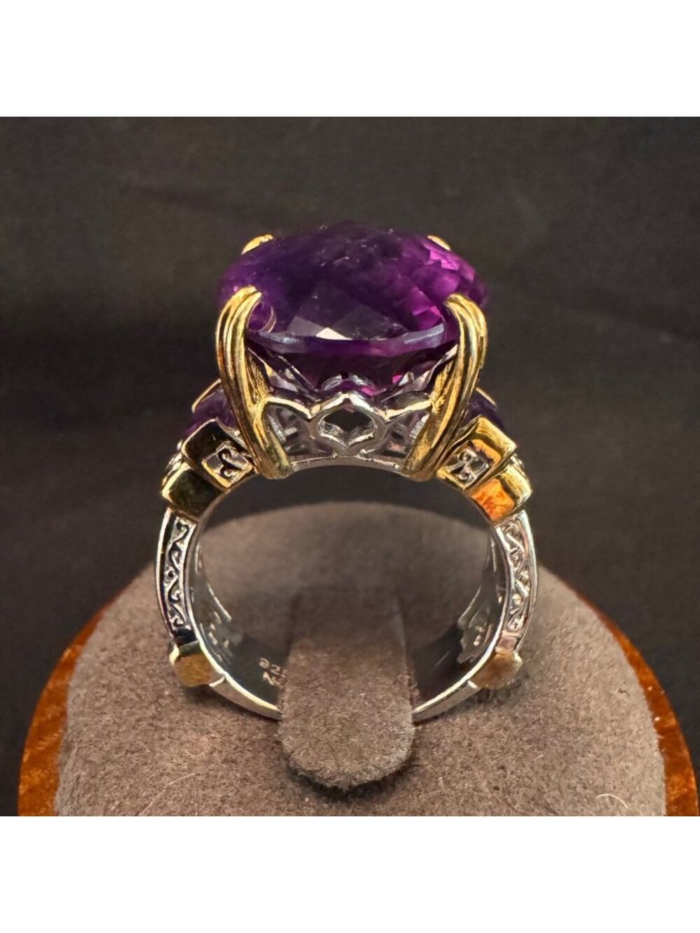 Two Tone Sterling Silver 925 Faceted Amethyst Prong Set Ring Size 8.75